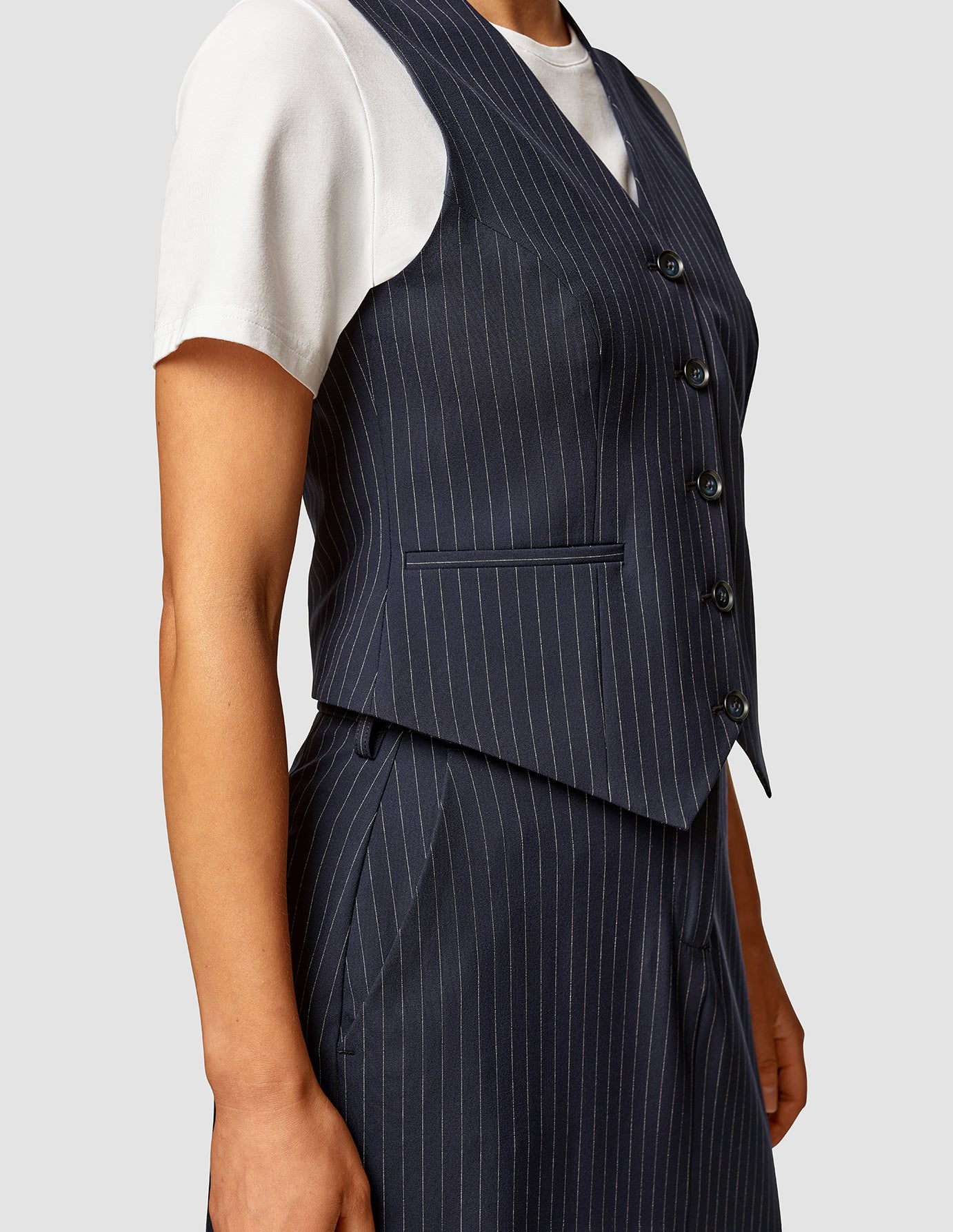 Essential Set Navy Pinstripe Short Vest & Maxi Skirt